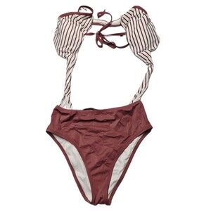 PINK Victoria's Secret Cutout Monokini Swimsuit High Waist Striped Mauve Large